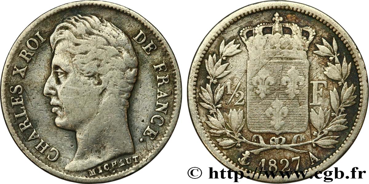 1/2 franc Charles X 1827 Paris F.180/13 BC 