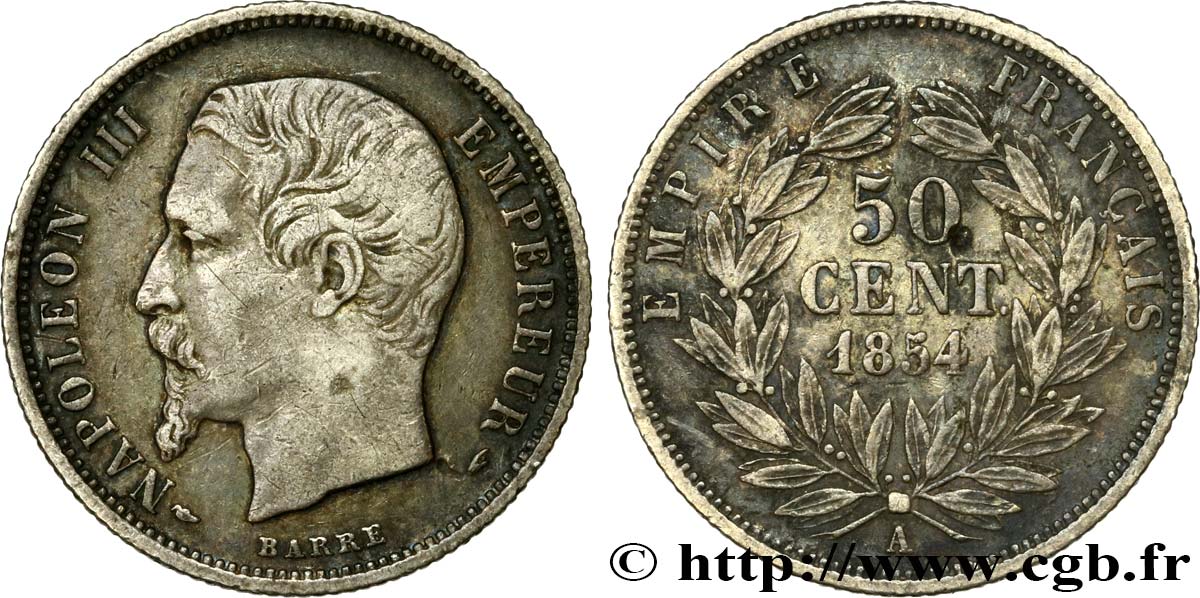 50 centimes Napoléon III, tête nue 1854 Paris F.187/2 XF40 