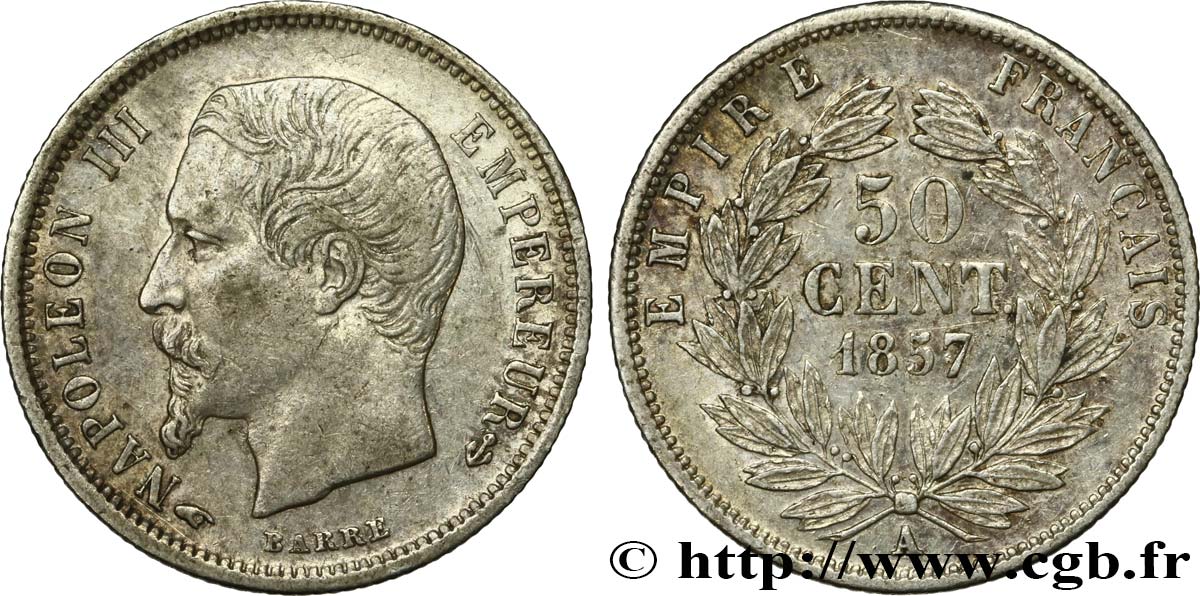 50 centimes Napoléon III, tête nue 1857 Paris F.187/8 AU50 