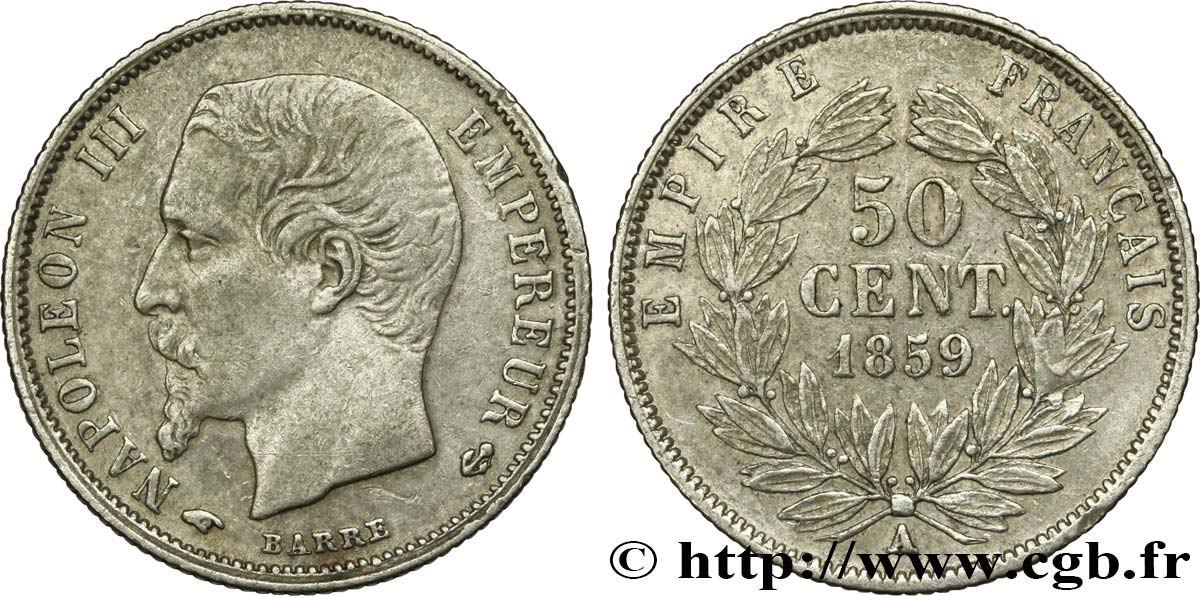 50 centimes Napoléon III, tête nue 1859 Paris F.187/10 XF45 