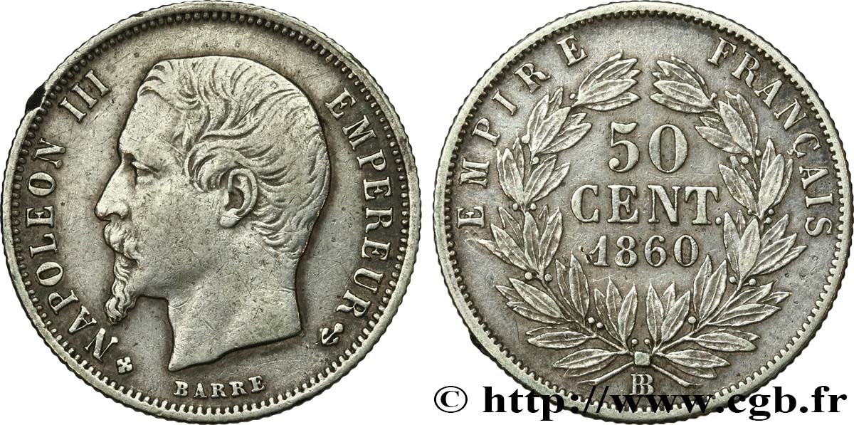 50 centimes Napoléon III, tête nue 1860 Strasbourg F.187/15 MBC45 
