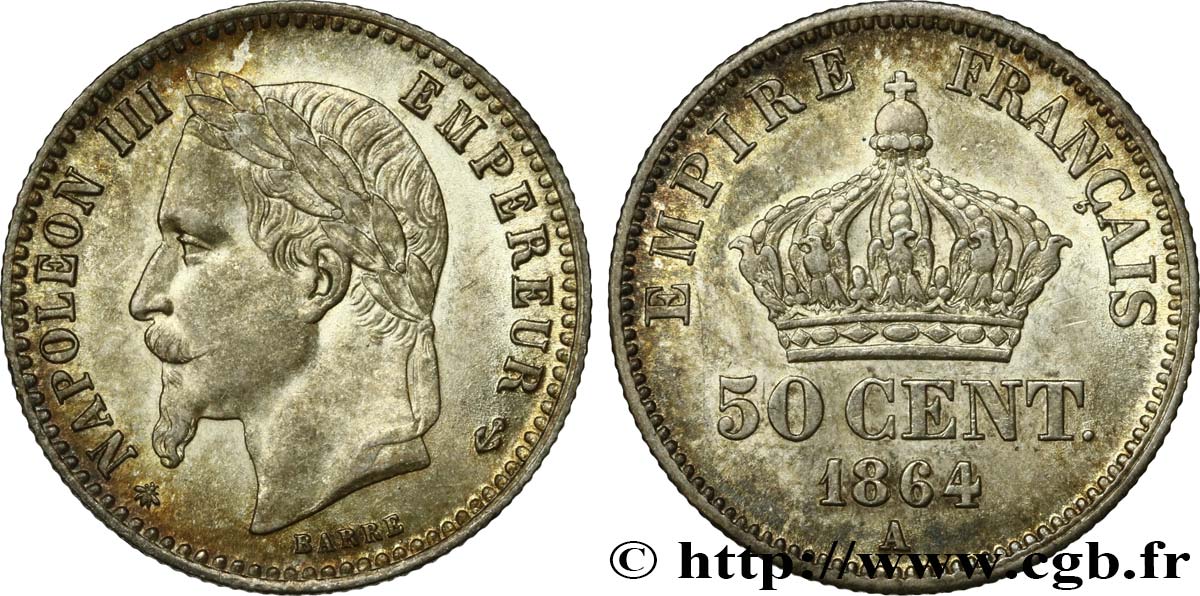 50 centimes Napoléon III, tête laurée 1864 Paris F.188/2 MS60 