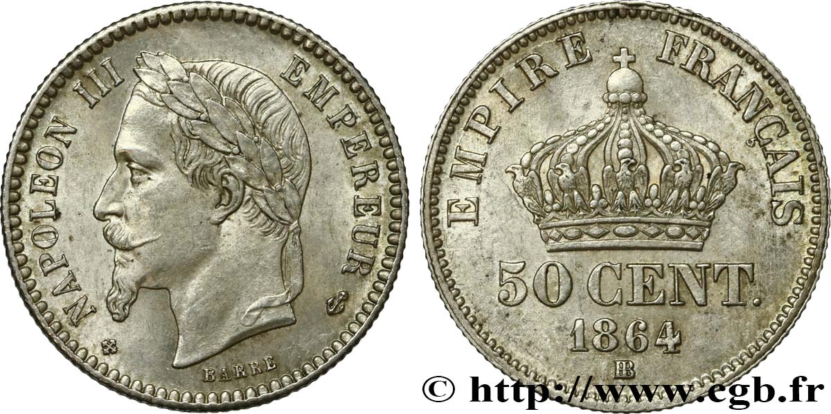 50 centimes Napoléon III, tête laurée 1864 Strasbourg F.188/3 AU58 