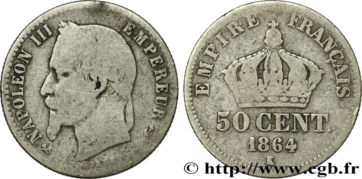 50 centimes Napoléon III, tête laurée 1864 Bordeaux F.188/4 VG10 