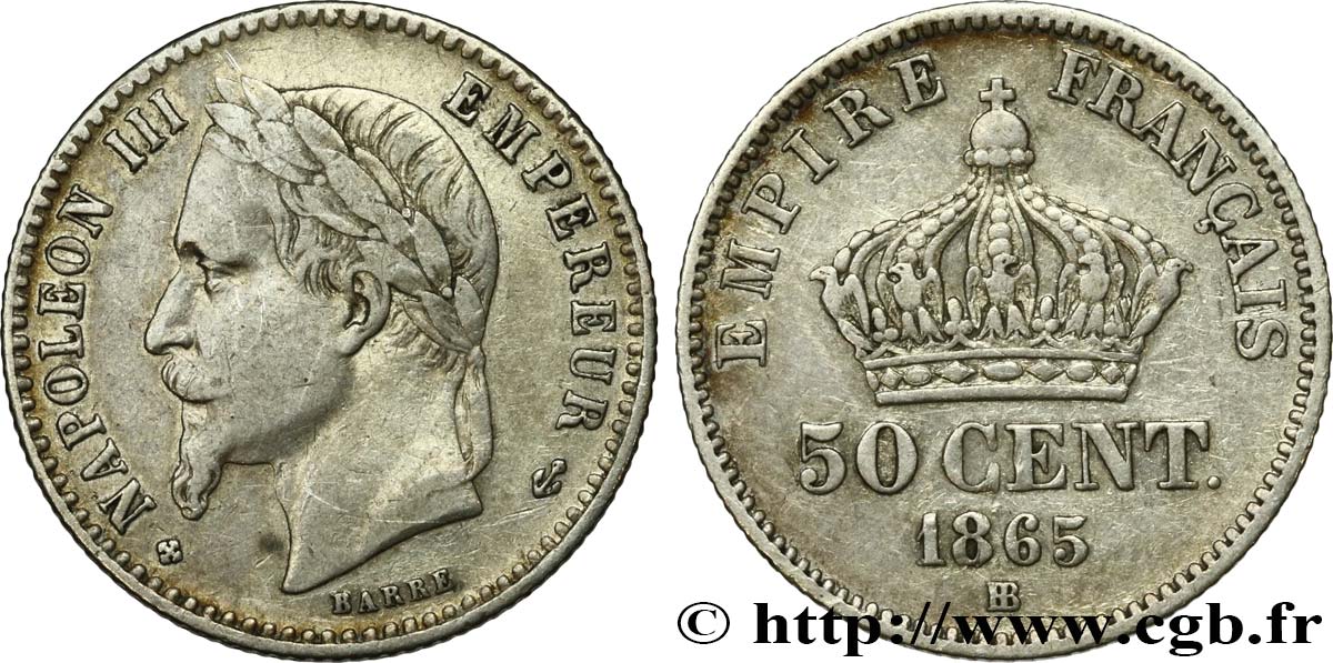 50 centimes Napoléon III, tête laurée 1865 Strasbourg F.188/7 MBC40 