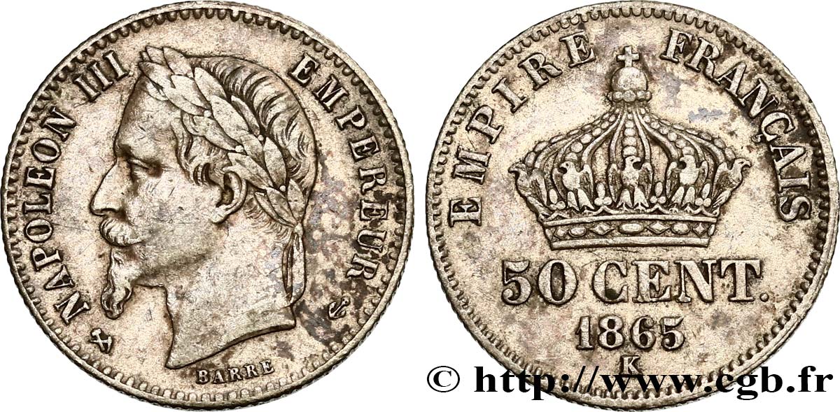 50 centimes Napoléon III, tête laurée 1865 Bordeaux F.188/8 BB45 