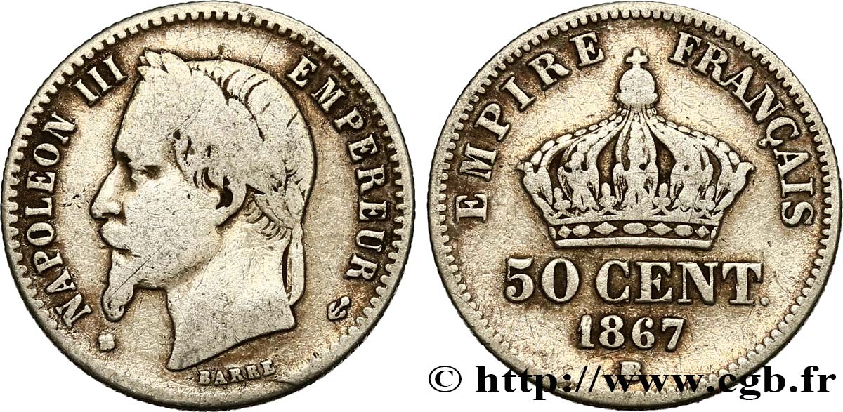 50 centimes Napoléon III, tête laurée 1867 Strasbourg F.188/16 BC15 