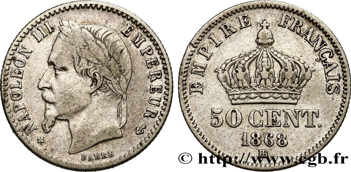 50 centimes Napoléon III, tête laurée 1868 Strasbourg F.188/21 VF30 