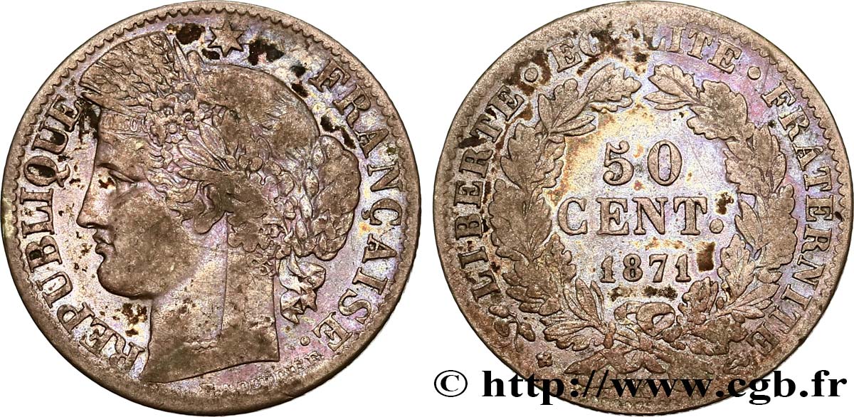 50 centimes Cérès, IIIe République 1871 Bordeaux F.189/2 S 