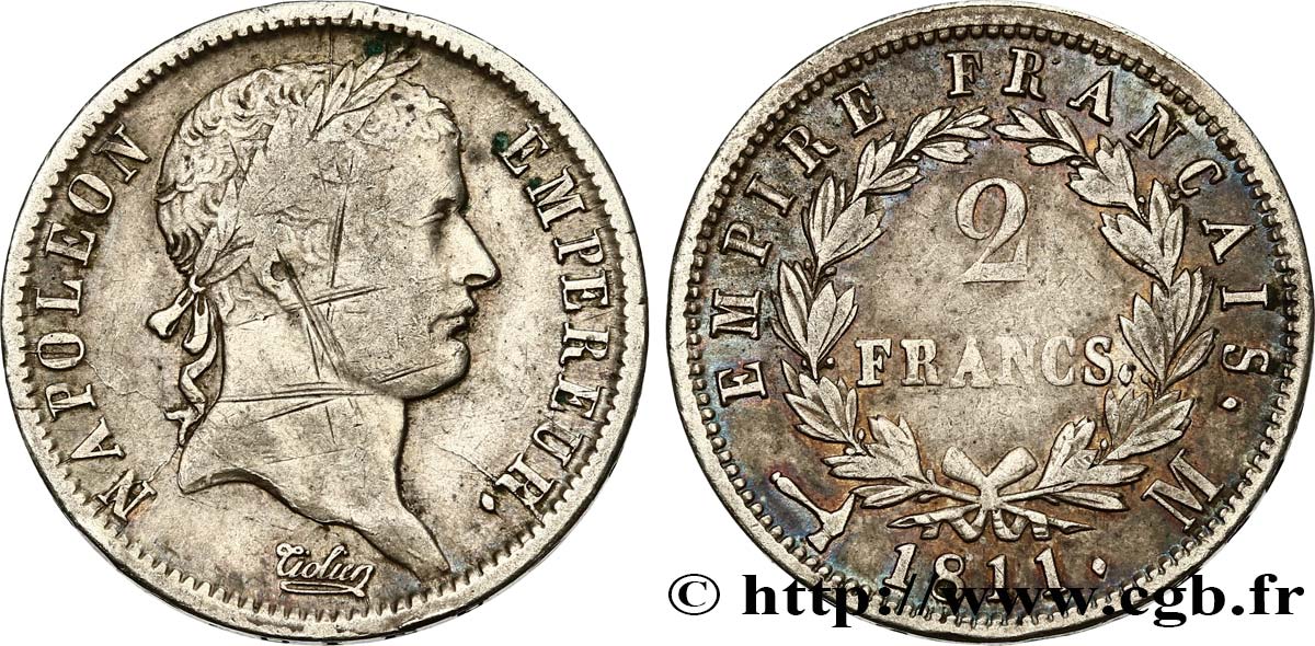 2 francs Napoléon Ier tête laurée, Empire français 1811 Toulouse F.255/32 TB+ 