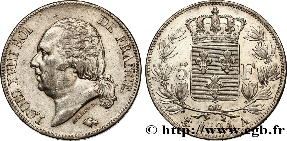 5 francs Louis XVIII, tête nue 1824 Paris F.309/88 MBC50 