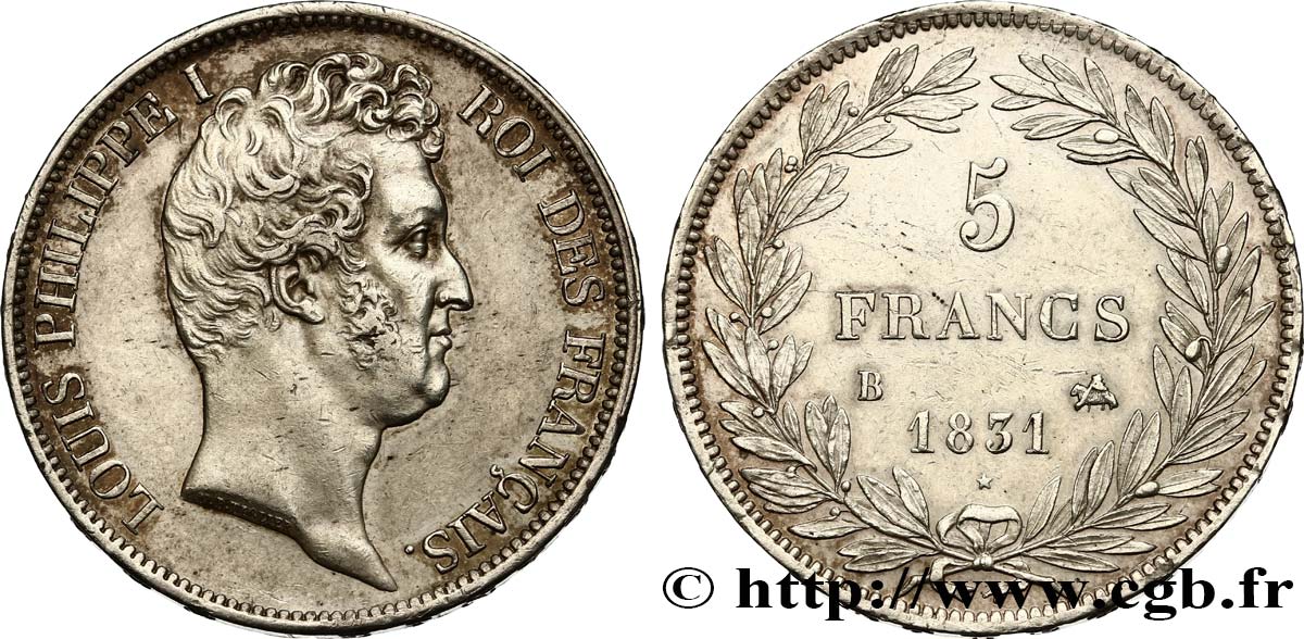 5 francs type Tiolier avec le I, tranche en relief 1831 Rouen F.316/3 fVZ 