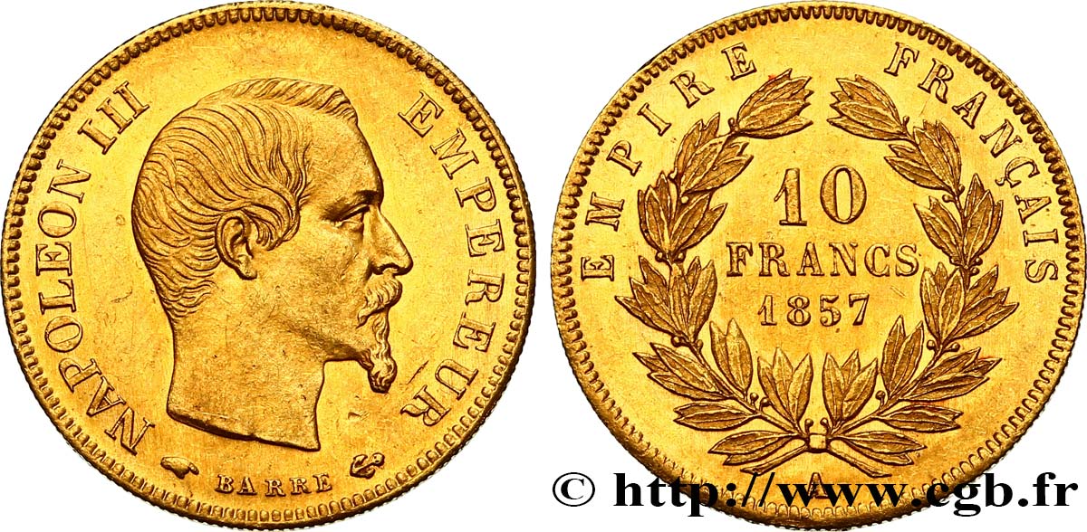 10 francs or Napoléon III, tête nue 1857 Paris F.506/4 EBC 
