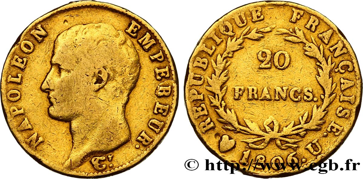 20 francs Napoléon tête nue, calendrier grégorien 1806 Turin F.513/4 MB 