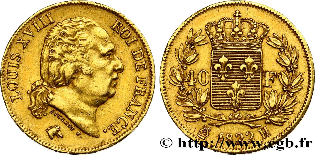 40 francs or Louis XVIII 1822 La Rochelle F.542/12 XF48 