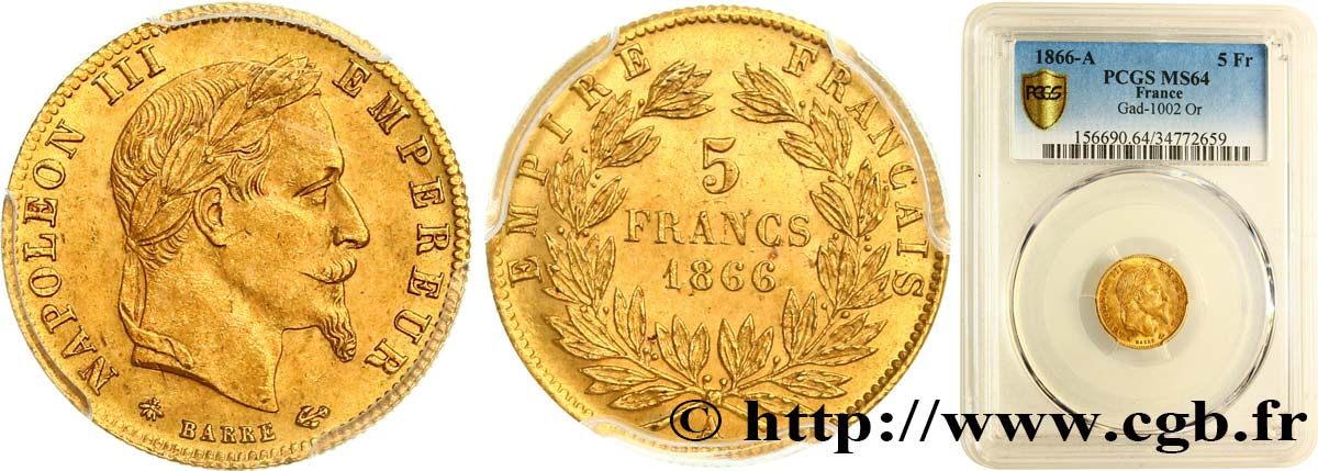 5 francs or Napoléon III, tête laurée 1866 Paris F.502/9 MS64 PCGS