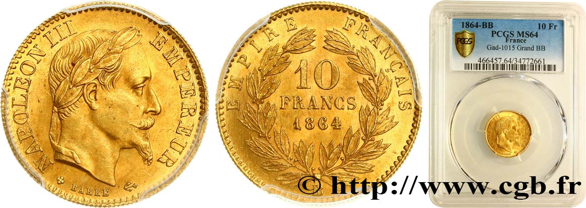 10 francs or Napoléon III, tête laurée 1864 Strasbourg F.507A/8 SC64 PCGS