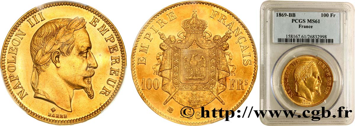 100 francs or Napoléon III, tête laurée 1869 Strasbourg F.551/13 MS61 PCGS