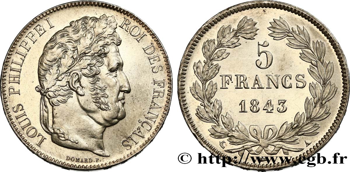 5 francs IIe type Domard 1843 Paris F.324/100 MS62 