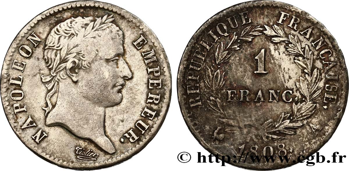 1 franc Napoléon Ier tête laurée, République française 1808 Paris F.204/2 TB35 