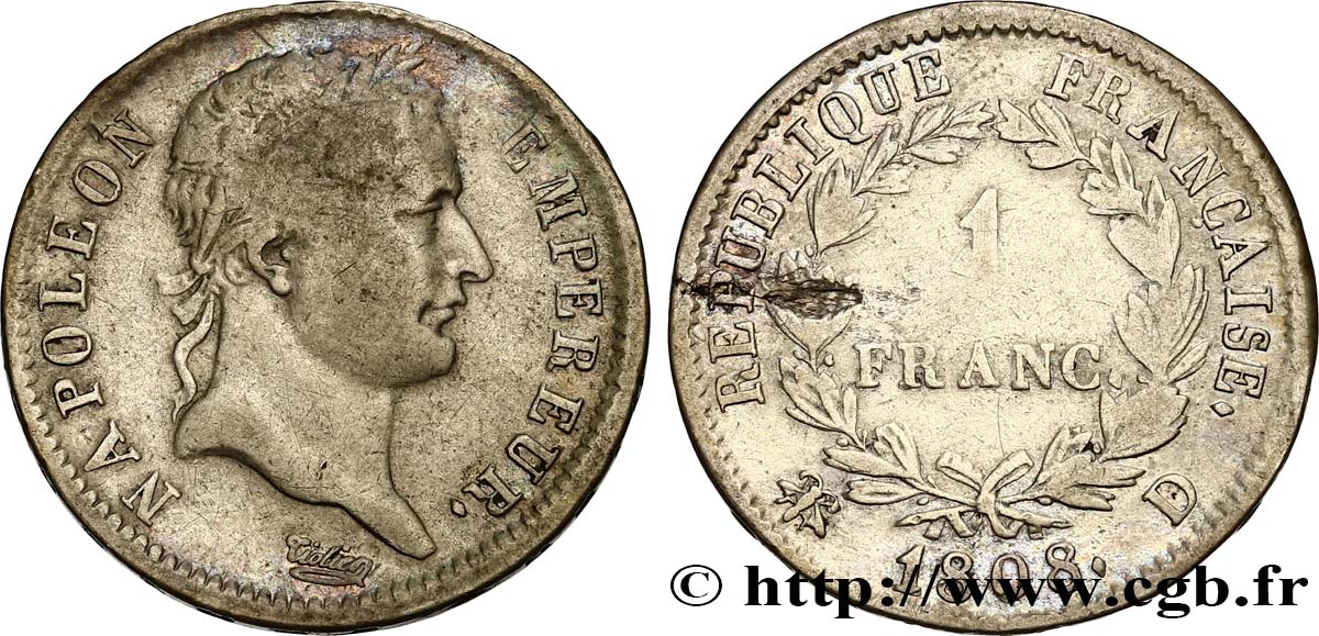 1 franc Napoléon Ier tête laurée, République française 1808 Lyon F.204/5 TB 