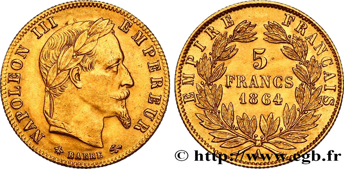 5 francs or Napoléon III, tête laurée 1864 Paris F.502/5 EBC60 