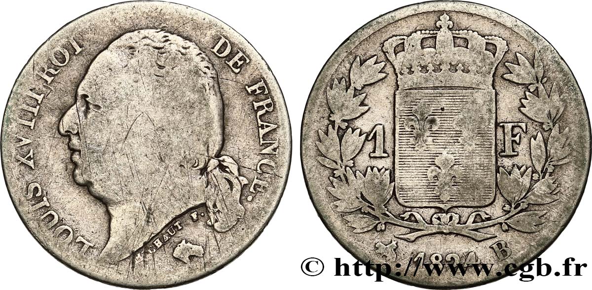 1 franc Louis XVIII 1824 Rouen F.206/57 B12 