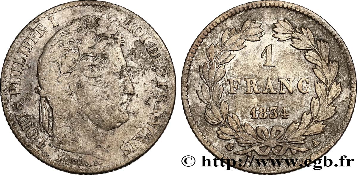1 franc Louis-Philippe, couronne de chêne 1834 Paris F.210/27 B+ 