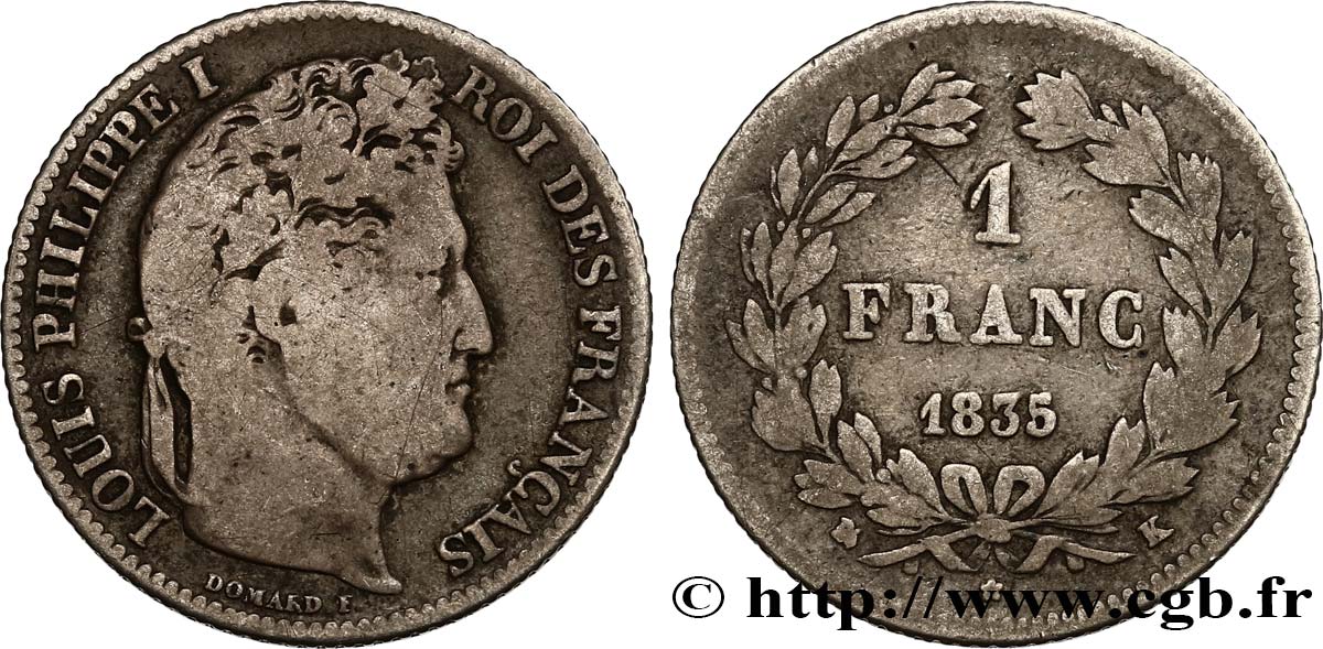 1 franc Louis-Philippe, couronne de chêne 1835 Bordeaux F.210/45 RC12 