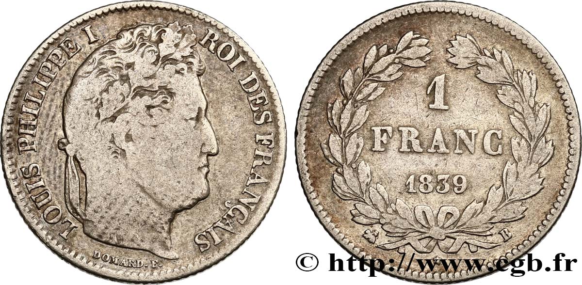 1 franc Louis-Philippe, couronne de chêne 1839 Rouen F.210/68 F15 