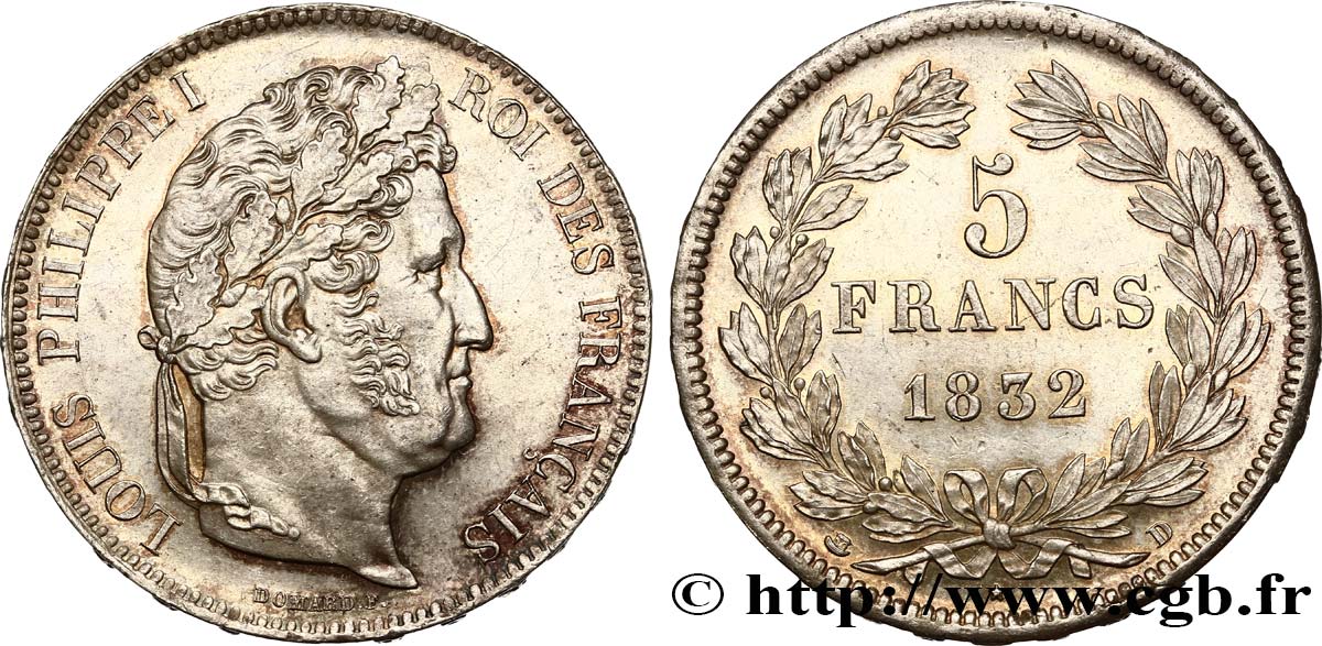5 francs IIe type Domard 1832 Lyon F.324/4 MS63 