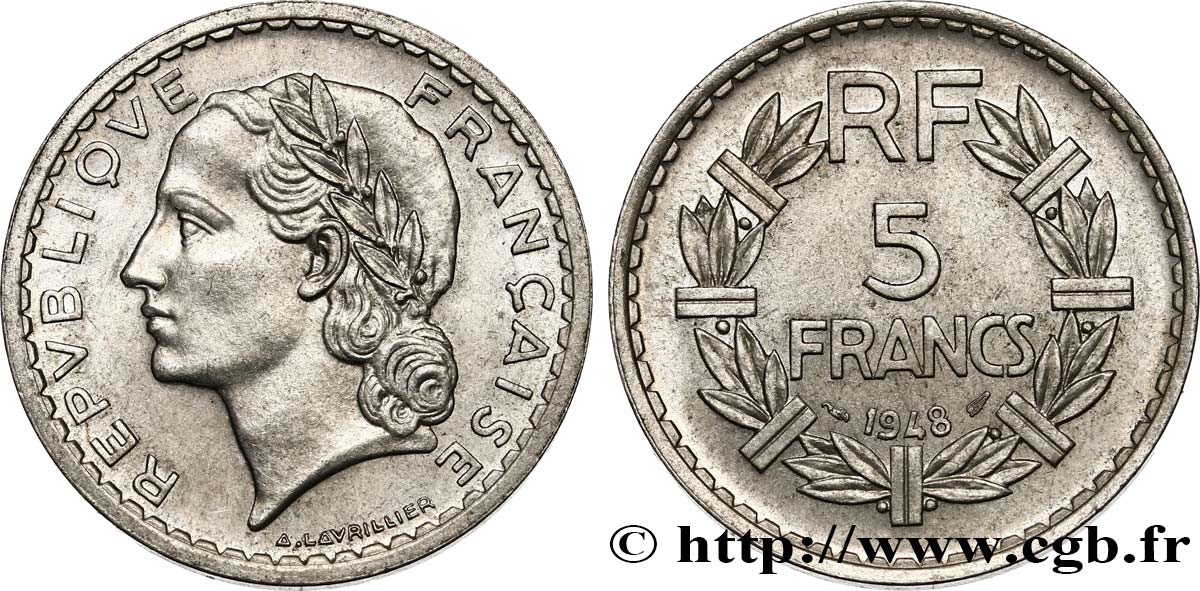 5 francs Lavrillier, aluminium, 9 fermé 1948  F.339/14 VZ60 