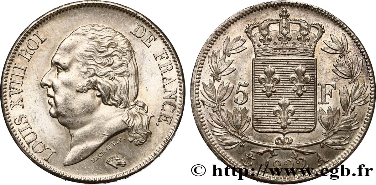 5 francs Louis XVIII, tête nue 1822 Paris F.309/68 TTB52 