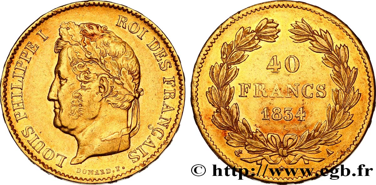 40 francs or Louis-Philippe 1834 Paris F.546/6 AU50 