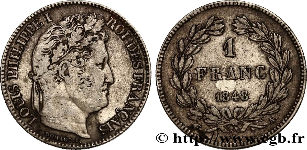 1 franc Louis-Philippe, couronne de chêne 1848 Paris F.210/113 S35 
