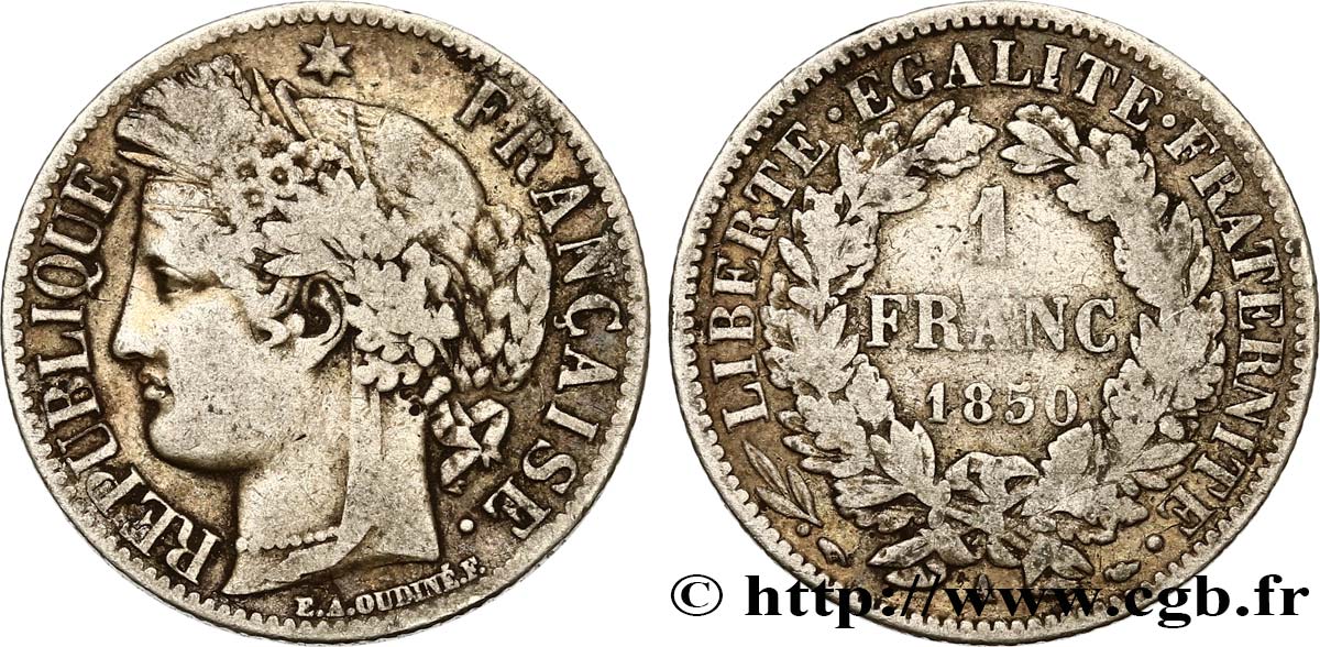 1 franc Cérès, IIe République, différent oreille basse 1850 Paris F.211/5 BC20 