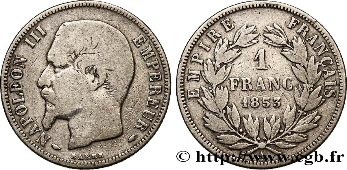1 franc Napoléon III, tête nue 1853 Paris F.214/1 S15 