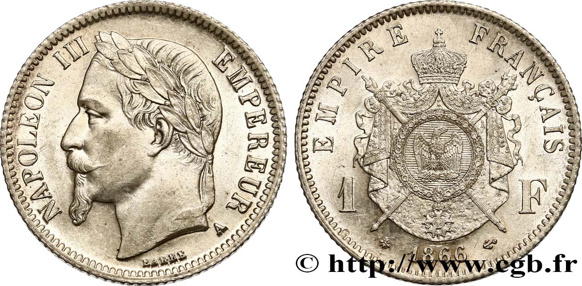 1 franc Napoléon III, tête laurée 1866 Paris F.215/3 SPL55 