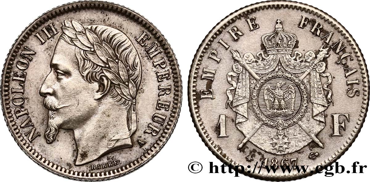 1 franc Napoléon III, tête laurée 1867 Paris F.215/6 AU50 