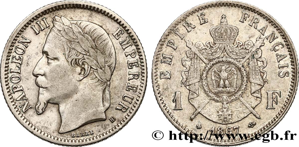 1 franc Napoléon III, tête laurée 1867 Strasbourg F.215/7 S35 
