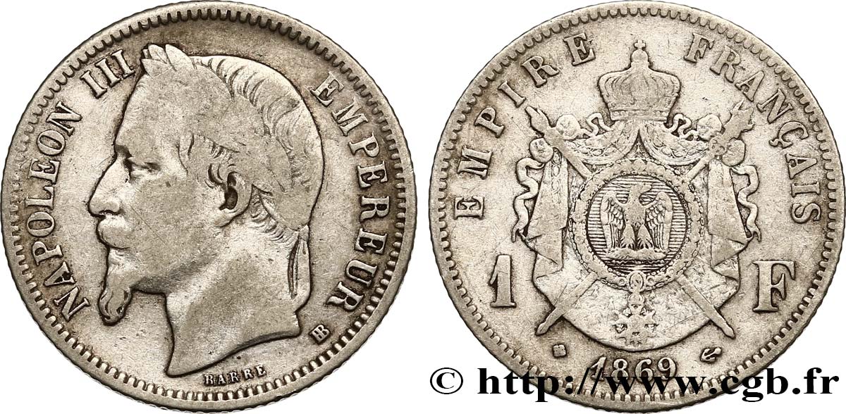 1 franc Napoléon III, tête laurée 1869 Strasbourg F.215/15 VF20 
