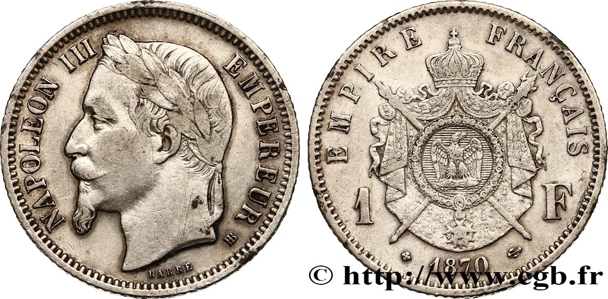 1 franc Napoléon III, tête laurée 1870 Strasbourg F.215/16 TTB 