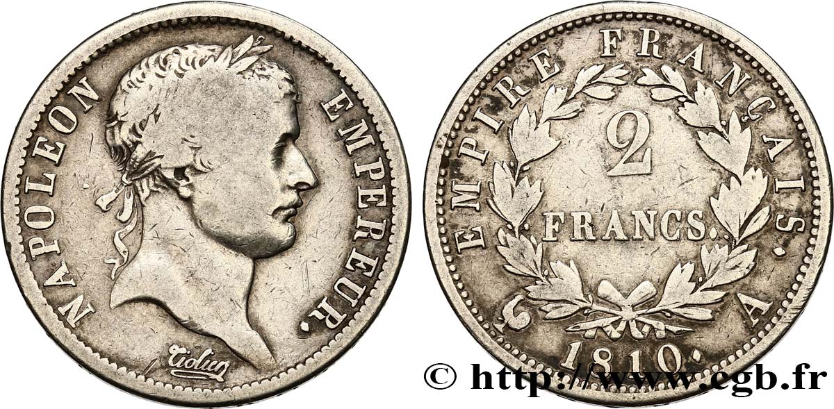 2 francs Napoléon Ier tête laurée, Empire français 1810 Paris F.255/10 TB15 