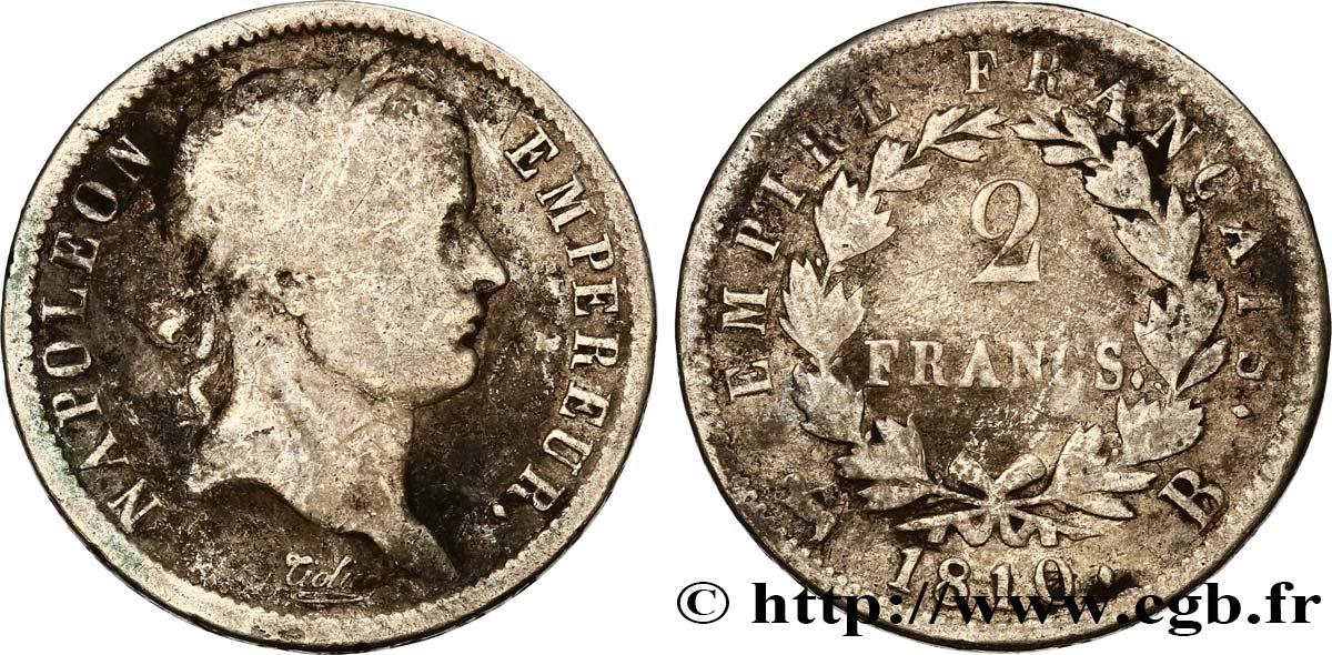 2 francs Napoléon Ier tête laurée, Empire français 1810 Rouen F.255/11 SGE 