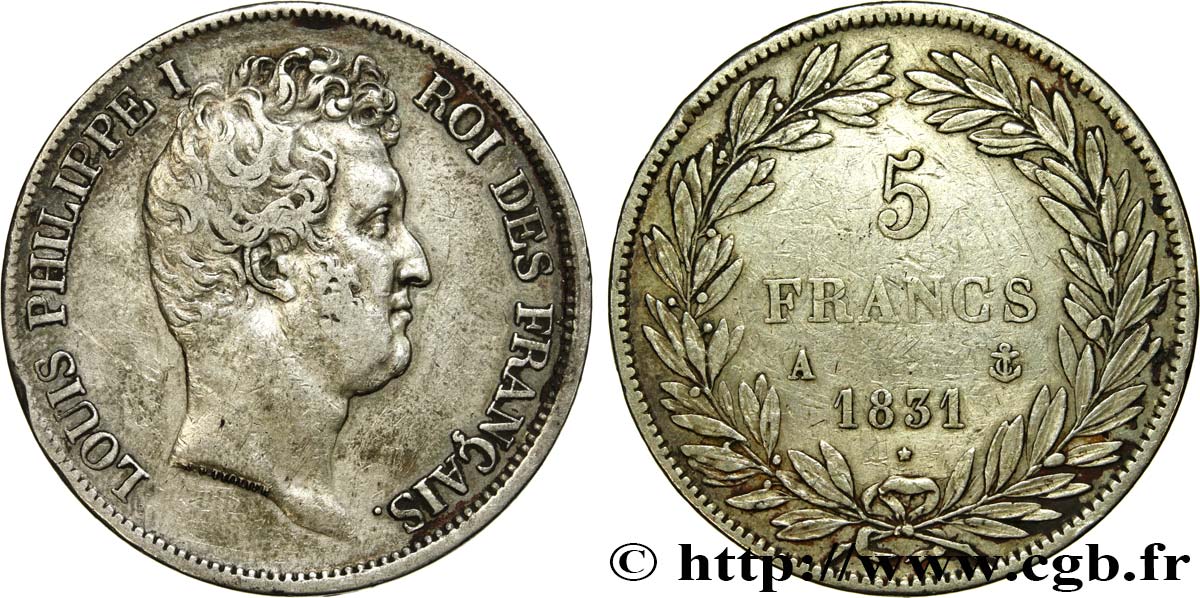 5 francs type Tiolier avec le I, tranche en creux 1831 Paris F.315/14 VF 