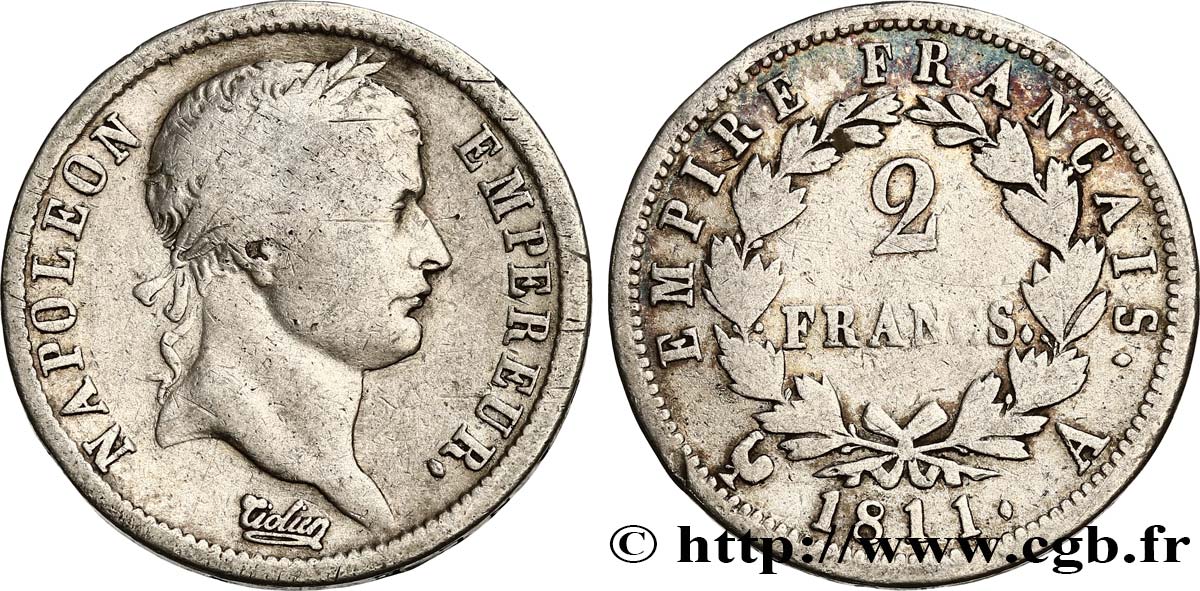 2 francs Napoléon Ier tête laurée, Empire français 1811 Paris F.255/24 TB15 