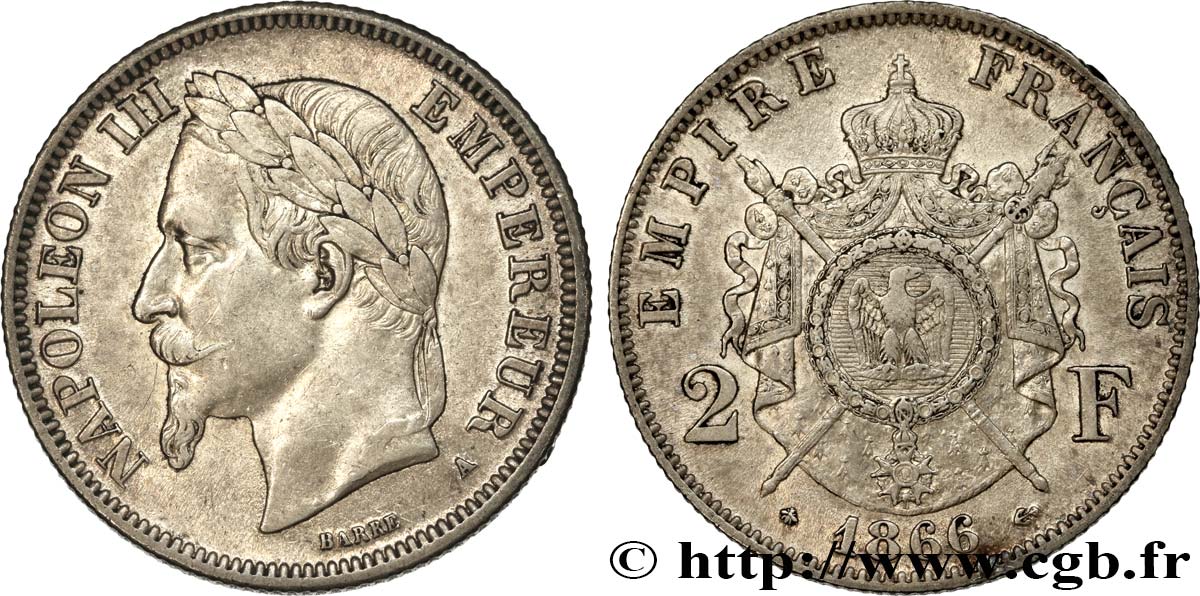 2 francs Napoléon III, tête laurée 1866 Paris F.263/2 BB48 