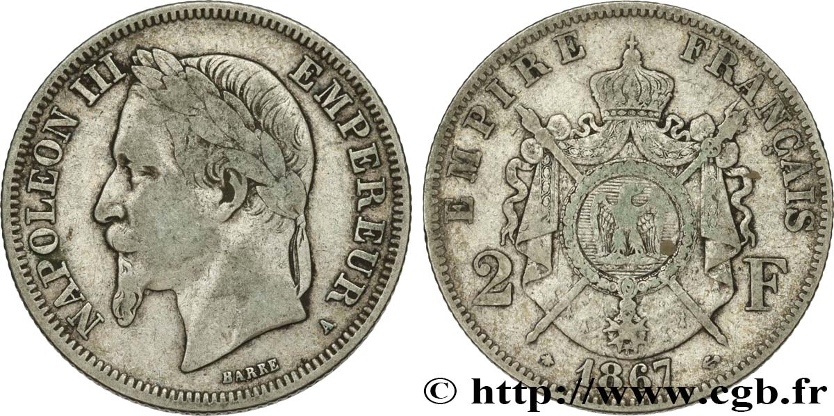2 francs Napoléon III, tête laurée  1867 Paris F.263/5 MB25 