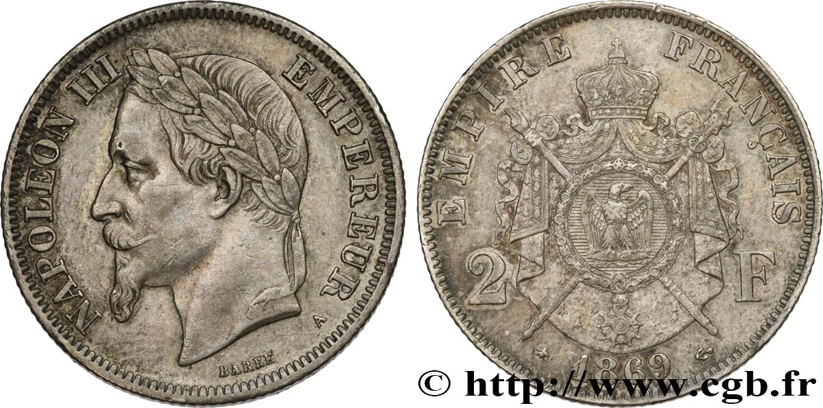 2 francs Napoléon III, tête laurée  1869 Paris F.263/10 AU52 