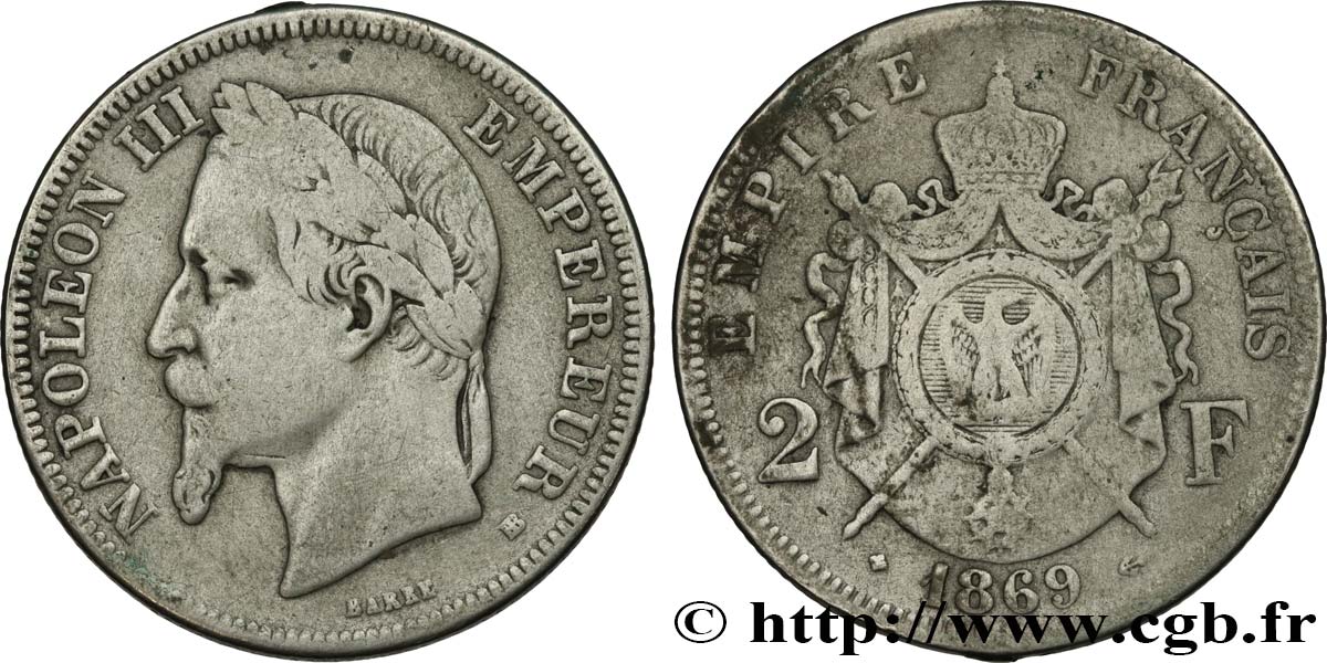 2 francs Napoléon III, tête laurée 1869 Strasbourg F.263/11 B 